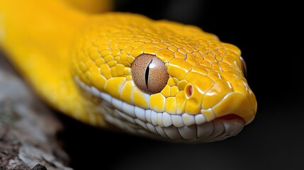 Obraz premium Close-up of a vibrant yellow snake's head. Details of scales, eye, and mouth are visible. Dark background accentuates the color