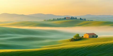Fototapeta premium Serene landscape with rolling hills, a farmhouse, and misty valleys at sunrise.