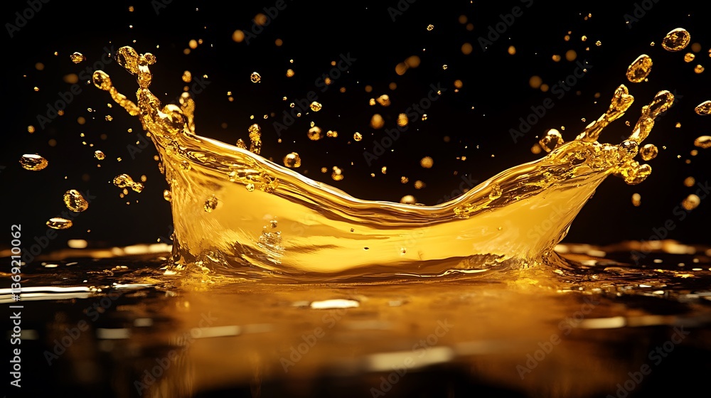 Poster golden liquid splash: dynamic motion of fluid forming crown shape against dark background for artist