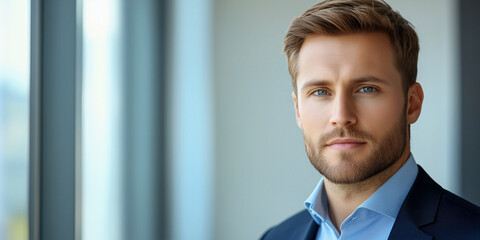 Close-up of a man with light brown hair and blue eyes, wearing a dark blue jacket and light blue shirt, against a blurred office background.