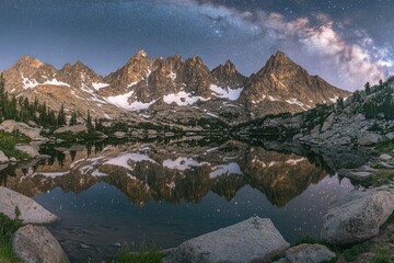 Naklejka premium Starry night sky over a serene mountain lake reflecting majestic peaks, creating a breathtaking mirror image.