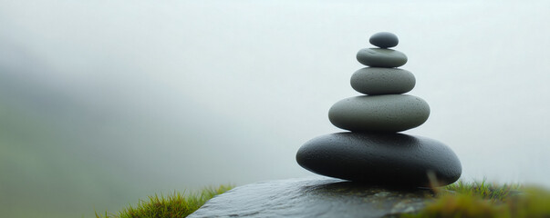 Close-up of six gray stones balanced on top of each other, symbolizing harmony, balance, and peace.