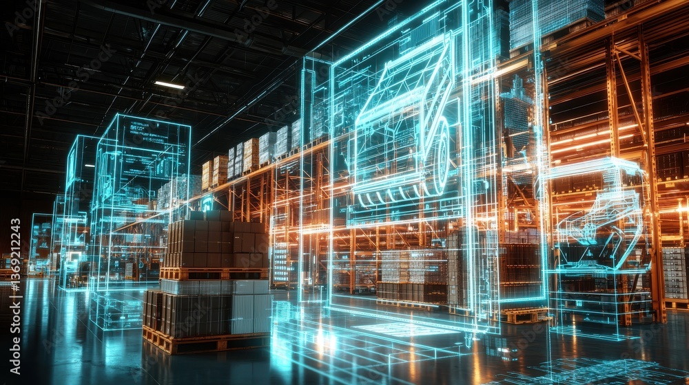 Aufkleber futuristic technological infrastructure in a digital warehouse with servers network communication an