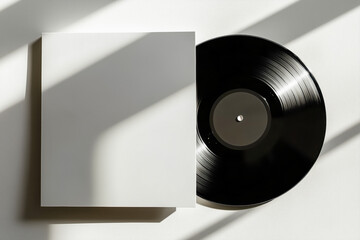Close-up of a blank white record cover with a black vinyl record next to it, against a white background with shadows, suitable for mockup design.