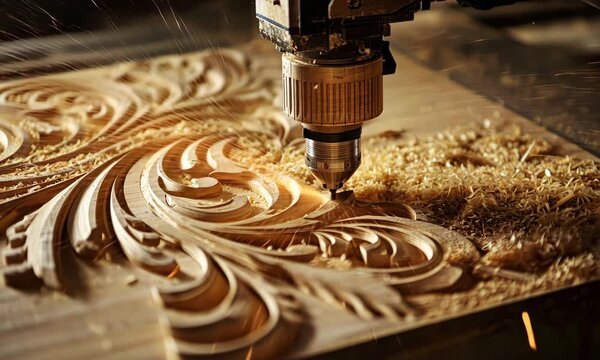 Intricate Wood Carving Process with Precision Machine Creating Decorative Design Elements