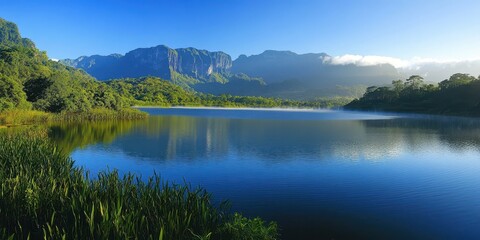 Obraz premium Serene lake surrounded by lush mountains and clear skies, reflecting nature's beauty.