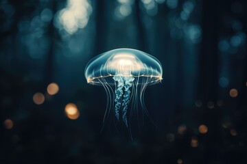 Fototapeta premium A bioluminescent jellyfish floats serenely in a dark, bokeh-filled forest setting.