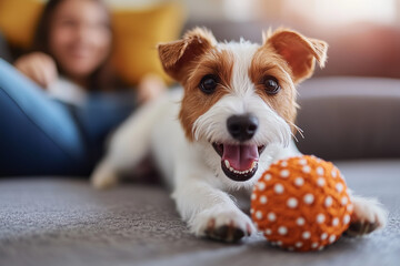 Happy Dog Relaxing Indoors with a Toy Ball in a Cozy Home