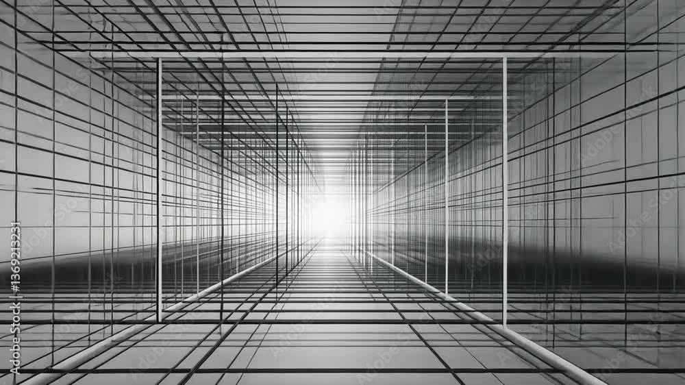 Poster geometric abstraction: a stark, yet alluring perspective of a geometrical cube, constructed of sleek