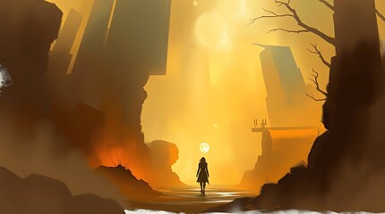 Silhouette woman walks futuristic deserted city