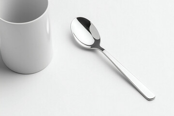 A shiny stainless steel spoon placed next to a clean white mug, minimalistic design on a white surface for a modern, professional look.