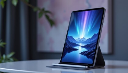 Modern Tablet Displaying Scenic Landscape with Aurora Borealis