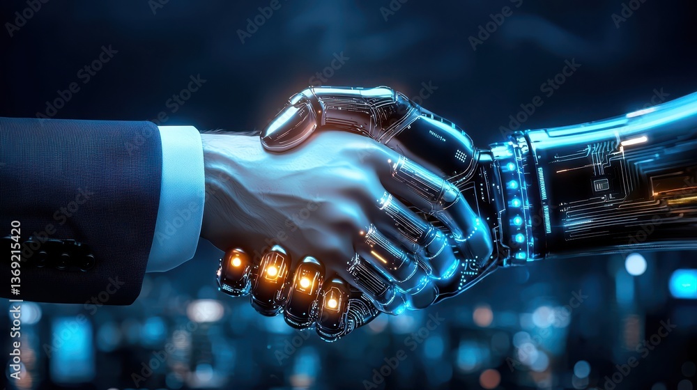 Poster two hands one human and one robotic shaking in a dimly lit high tech environment symbolizing the con