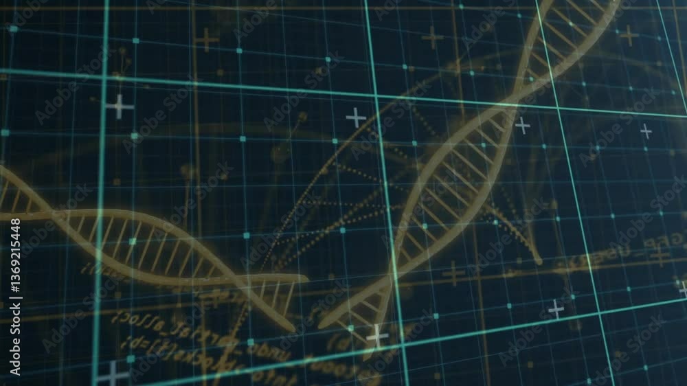 Poster processing scientific data, animation of dna strand and binary coding sequence