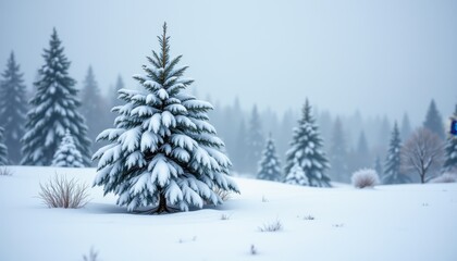 Naklejka premium Serene Winter Landscape with Snow-Covered Evergreen Trees