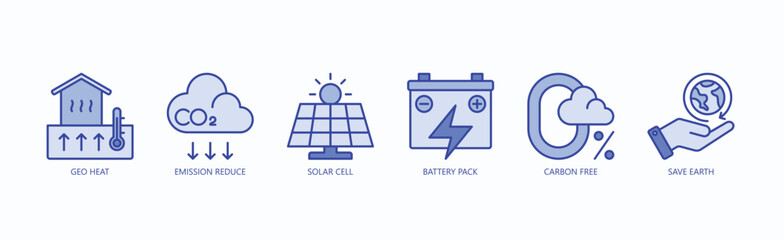 Clean Kinetics: Icon Set Isolated Vector With Icon Of Geo Heat, Emission Reduce, Solar Cell, Battery Pack, Carbon Free, Save Earth In Blue Style