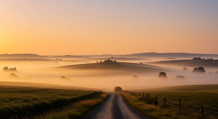 Obraz premium Golden Mist Over Rolling Fields Before Sunrise