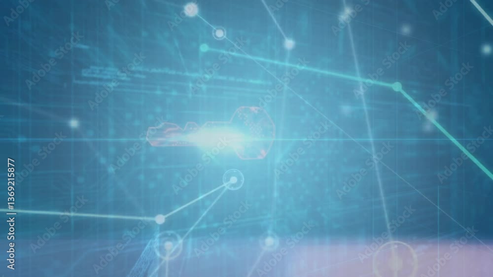 Poster digital key with network connections in futuristic animation on blue background