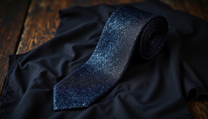 Elegant Dark Tie with Sparkling Texture on Black Fabric Background