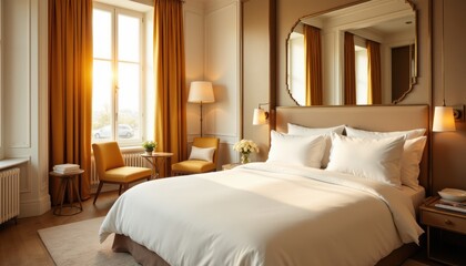 Fototapeta premium Cozy and Elegant Bedroom with Natural Light and Warm Colors