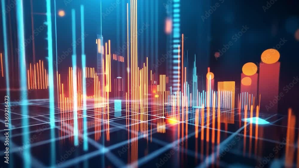 Poster visualizing data: an eye-level illustration depicting a futuristic digital cityscape, pulsating with
