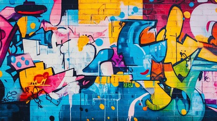 Naklejka premium Vibrant Urban Graffiti Art Explosion on Brick Wall