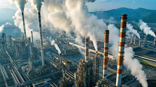 Industrial Landscape: An expansive view of an industrial complex belching smoke, signifying industry and its environmental impact. 