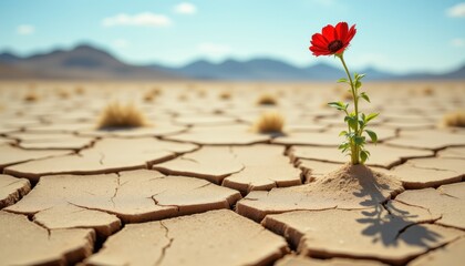 Resilient Red Flower Grows in Dry Cracked Desert Landscape