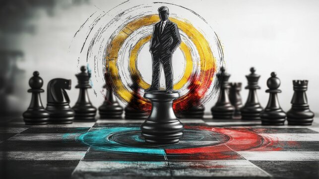 A silhouetted figure stands amidst a chess board surrounded by abstract circles and colors symbolizing the strategic planning critical thinking