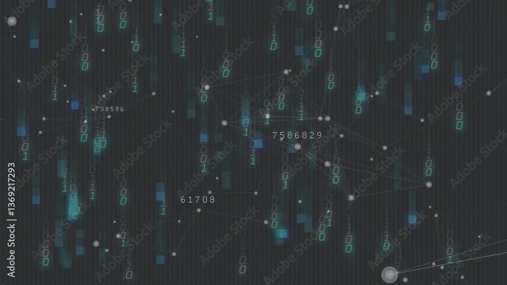 Poster animation of binary code and network connections forming digital data processing