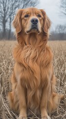 Fototapeta premium Majestic Golden Retriever Sitting Proudly in Serene Field Landscape