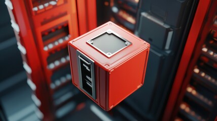 A futuristic, red data storage device is suspended in a server room, surrounded by technology and glowing components, representing advanced computing.
