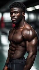 Fototapeta premium Athletic Black Male Bodybuilder in Gym, Fitness and Strength Training Portrait