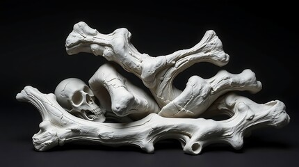 Abstract sculpture of bones and skull, dark background