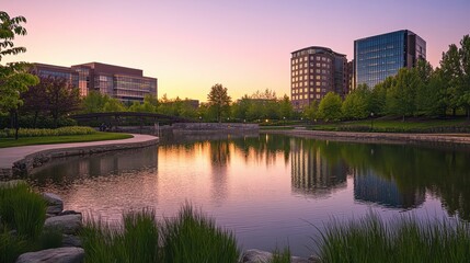 Fototapeta premium A serene park scene at sunset with buildings, water, and lush greenery.