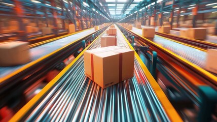 A conveyor belt transports boxes within a warehouse setting, showcasing efficient logistics and modern supply chain operations.