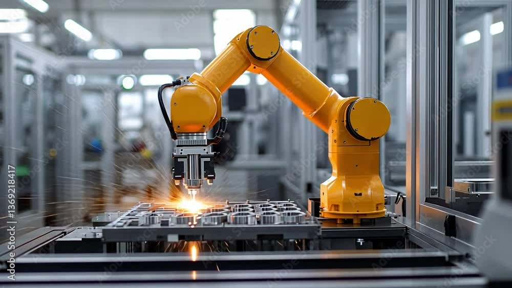 Aufkleber automated precision: an industrial robot arm, gleaming with metallic precision, meticulously welds c