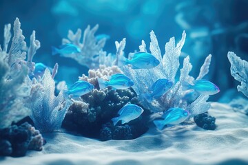 Fototapeta premium A serene underwater scene with vibrant blue fish swimming amidst delicate coral formations on a sandy seabed.