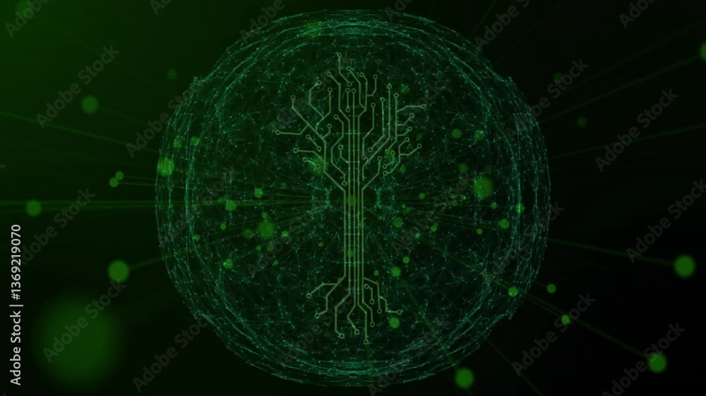 Poster animation of circuit tree design with glowing green connections over digital network