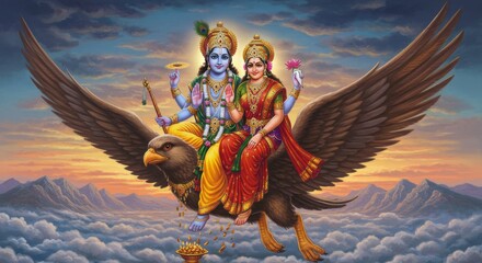 Lord Vishnu and Goddess Lakshmi on Garuda