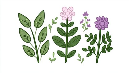 Pixel Art Floral Illustration Green Leaves and Pastel Flowers