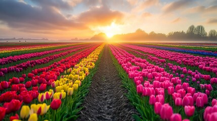 Vibrant tulip field at sunrise exhibiting colorful spring flowers scenery