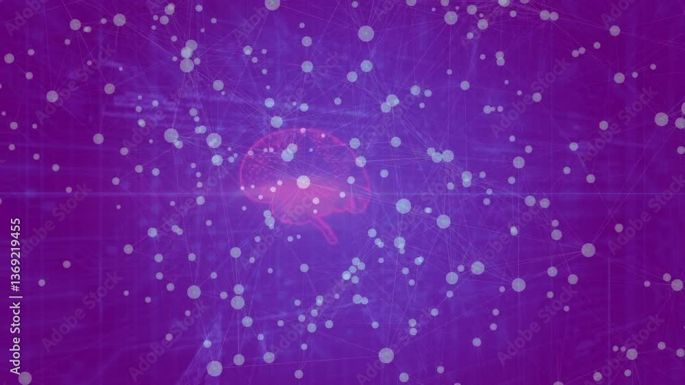 Poster network of connections and data processing animation over brain illustration