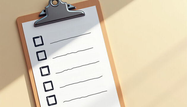 Checklist with five boxes on clipboard in sunlight, productivity and task planning
