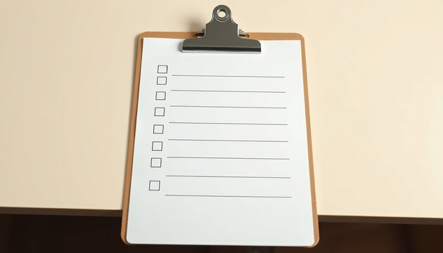 Blank checklist with seven boxes on clipboard, planning and productivity concept
