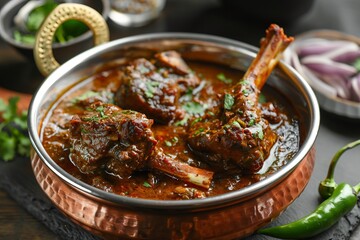 Indian Nalli Nihari in copper pot, rich dark gravy, tender lamb shanks, coriander garnish, clean presentation with rustic texture