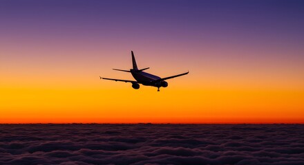 Naklejka premium Passenger Plane Silhouette Taking Off at Sunset
