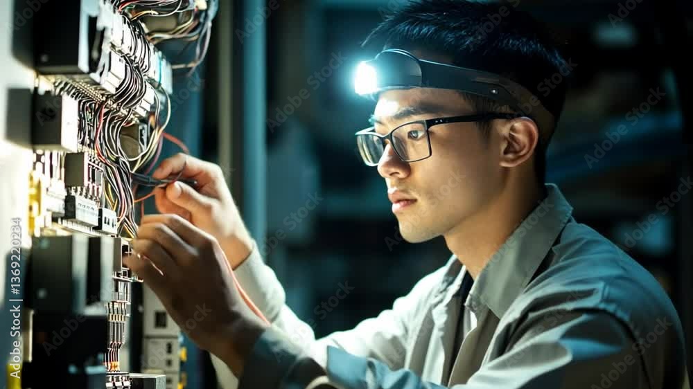 Poster Precision in Engineering: A focused engineer, illuminated by a headlamp, meticulously works on intricate circuitry, demonstrating precision and expertise in a technical environment.