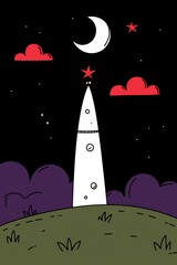 Naklejka premium Pixel Art Night Scene White Tower Under Crescent Moon