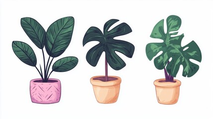 Fototapeta premium Pixel Art Potted Plants Illustration Tropical Monstera and Leafy Plants in Pink and Beige Pots